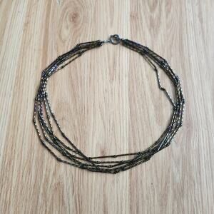 Black Iridescent Multistrand Bugle Bead Necklace 6 Strand Toggle Clasp Boho 27in